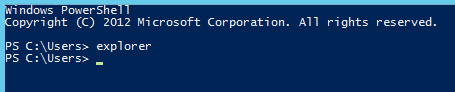 Use the 'explorer' command to open a Windows Explorer window from the Windows PowerShell prompt